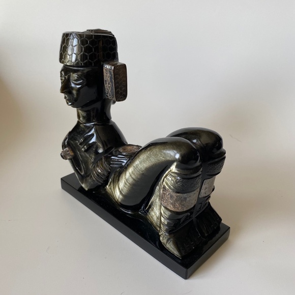 CHACMOOL Mesoamerican Obsidian Sculpture Gold Sheen and Applied Silver Detail - Picture 9 of 10